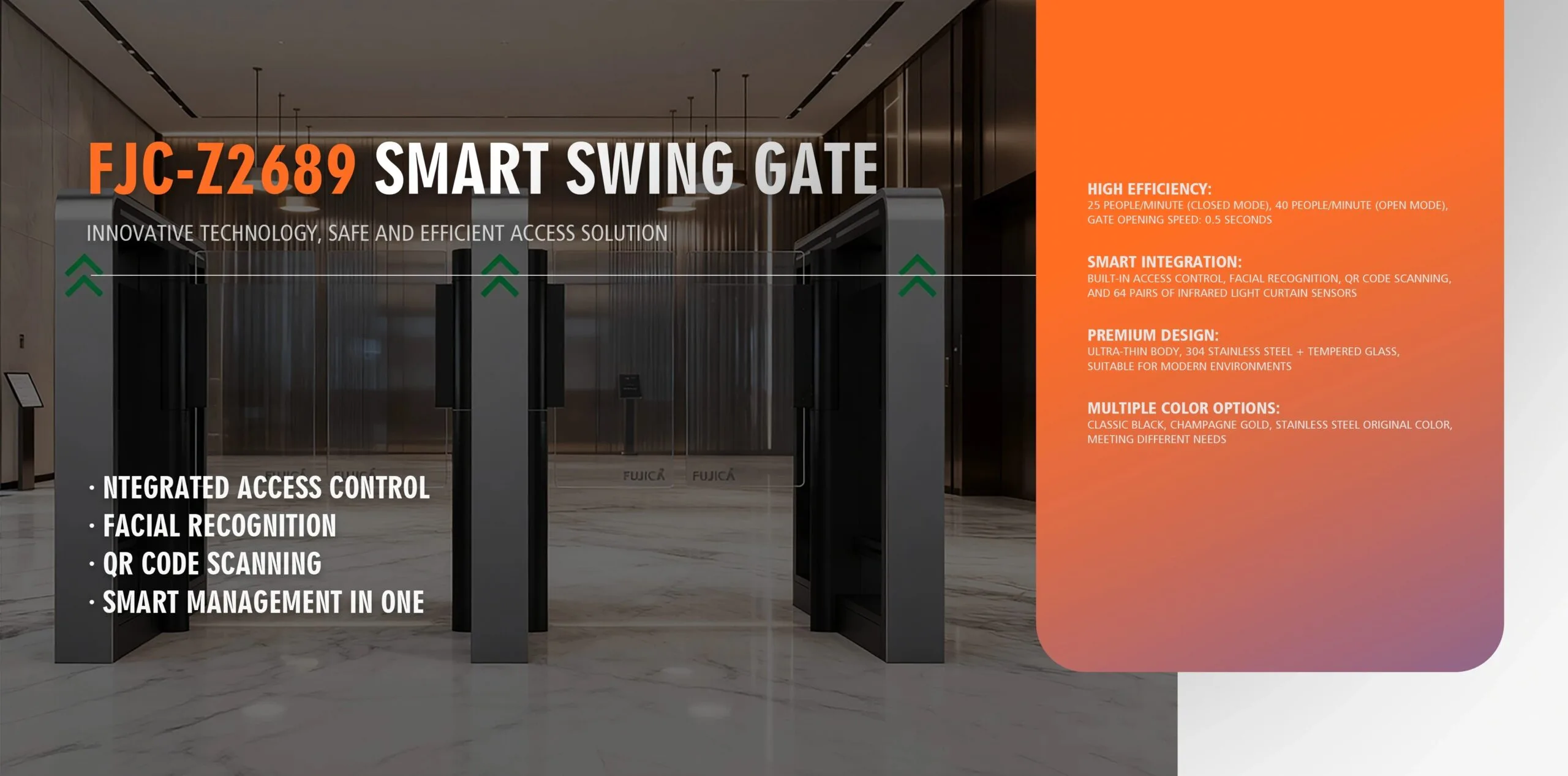FUJICA FJC-Z2689 smart swing gate facial recognition QR code access control stainless steel tempered glass