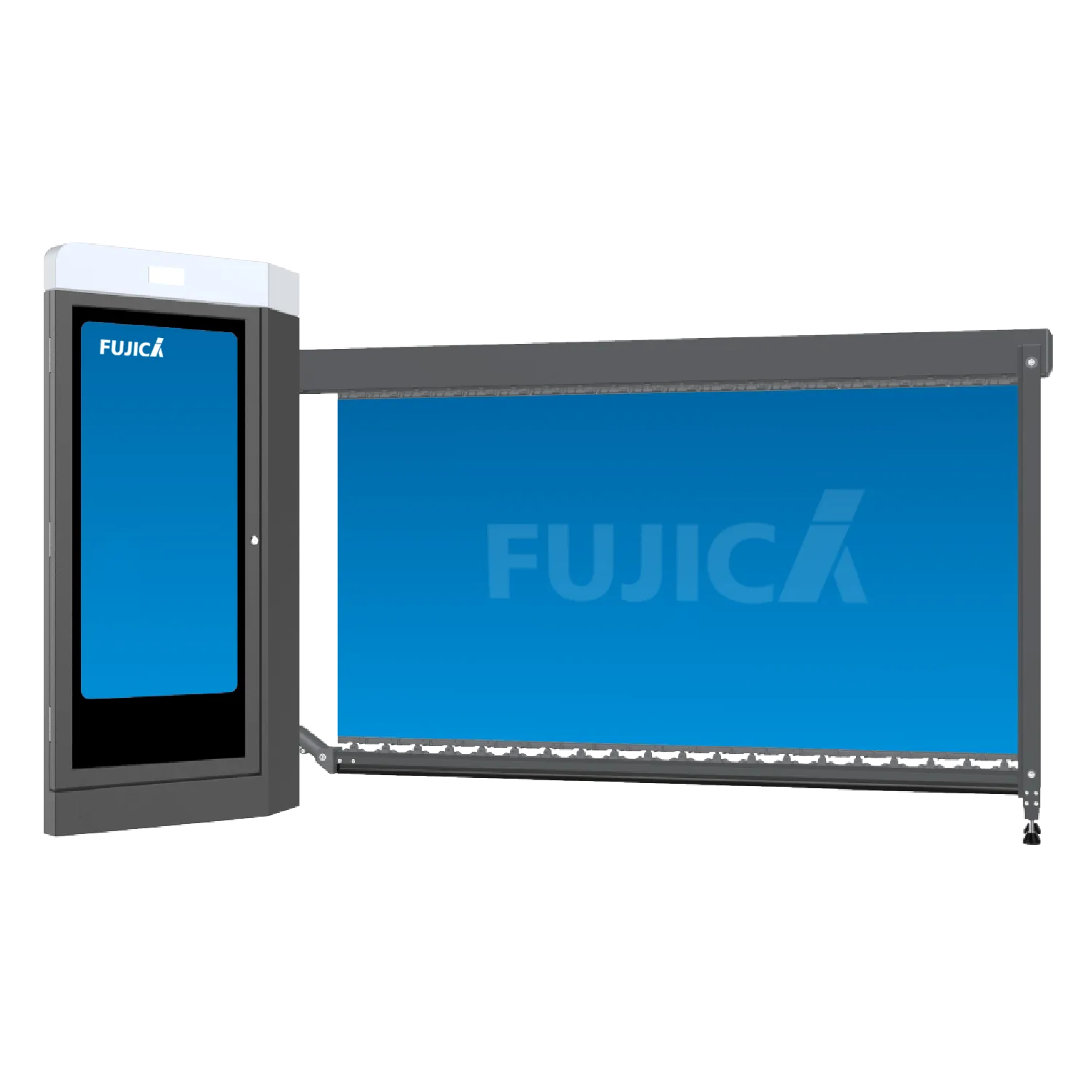 A modern, vertical Fujicá-branded kiosk with a digital screen stands beside a large blue transparent barrier or gate, both featuring the Fujicá logo, against a plain light background.
