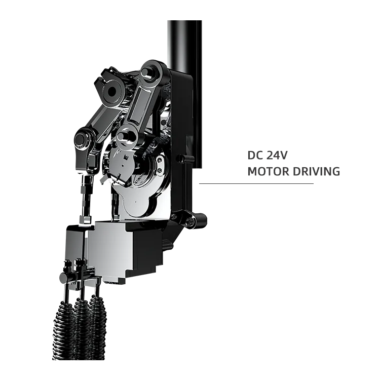 A close-up view of a mechanical robotic arm powered by a DC 24V motor, featuring metal components, gears, and cables, with the label “DC 24V MOTOR DRIVING” to the right.
