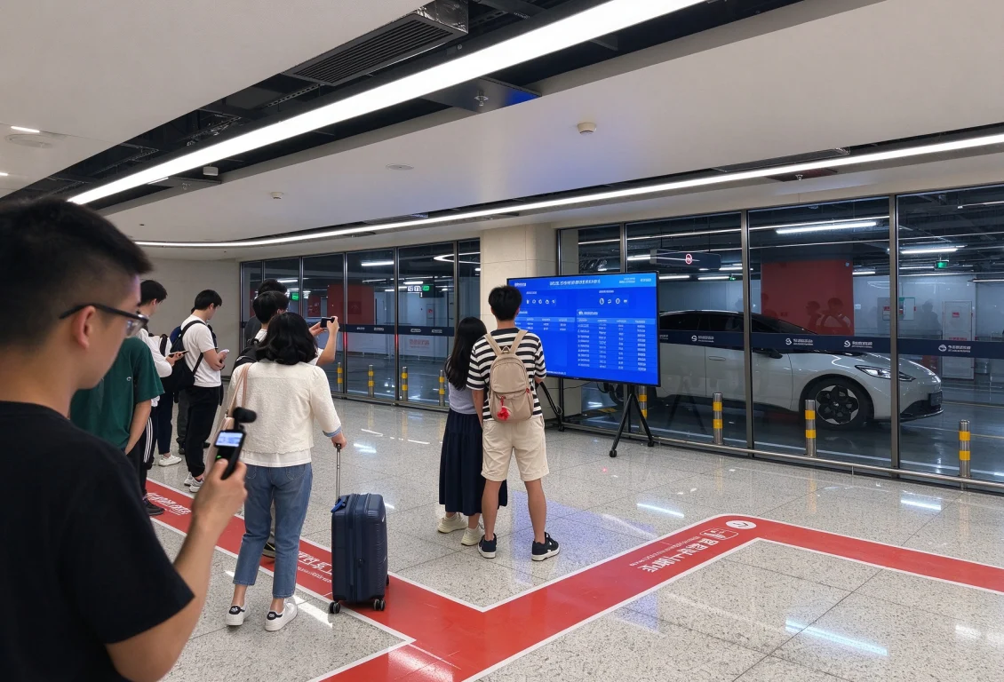Waiting hall screen at Huanggang Port showing the estimated arrival time of a ride-hailing vehicle